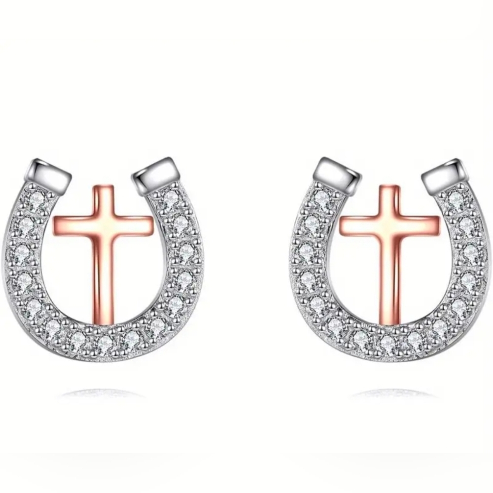 Silver and Gold Cross Horseshoe Earrings Studs S925